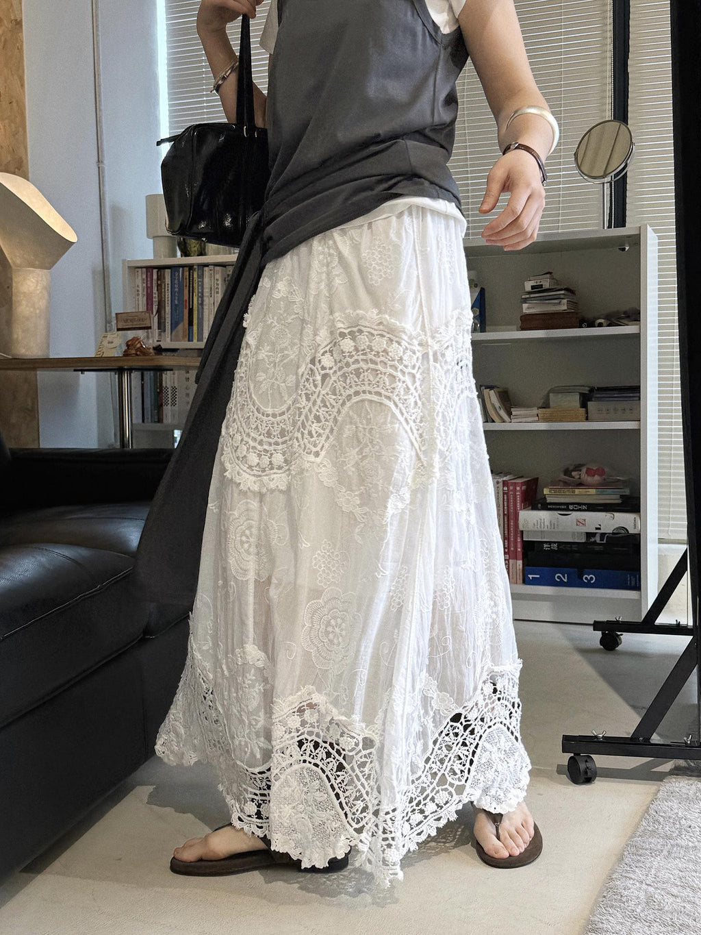 French Boho Lace Crochet Skirt, A-Line Long Handmade Style Patchwork Romantic Maxi Skirt