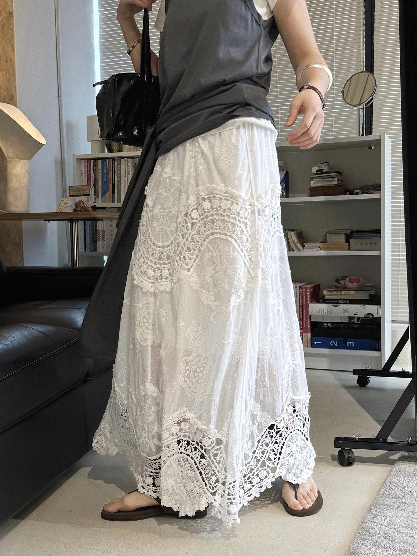 French Boho Lace Crochet Skirt, A-Line Long Handmade Style Patchwork Romantic Maxi Skirt