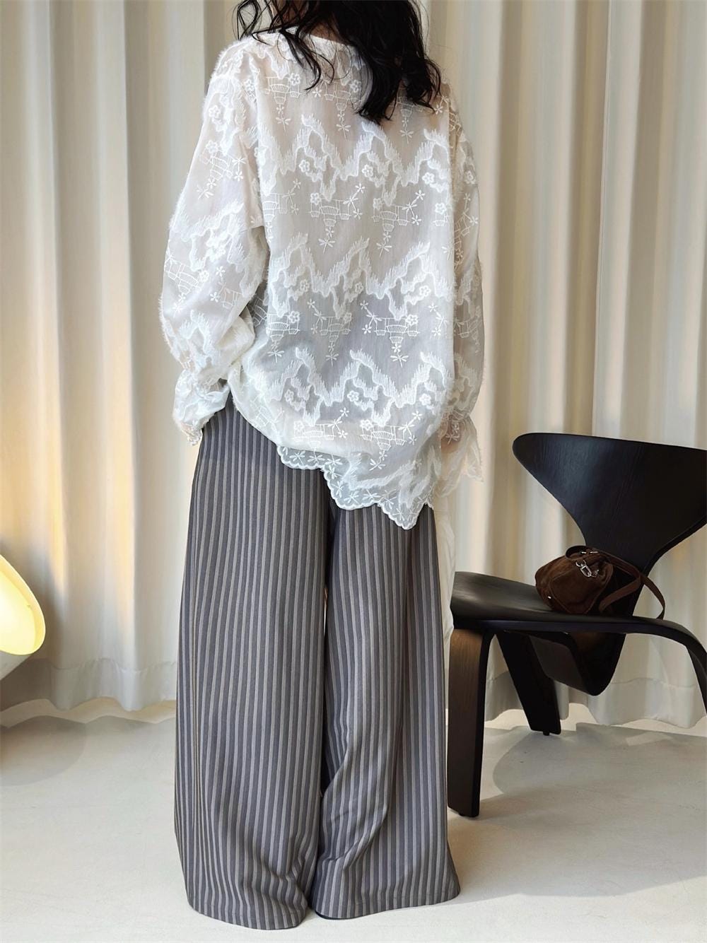 French V-Neck Embroidered Lace Blouse Romantic Sheer Long Sleeve Top Vintage Feminine Floral Shirt
