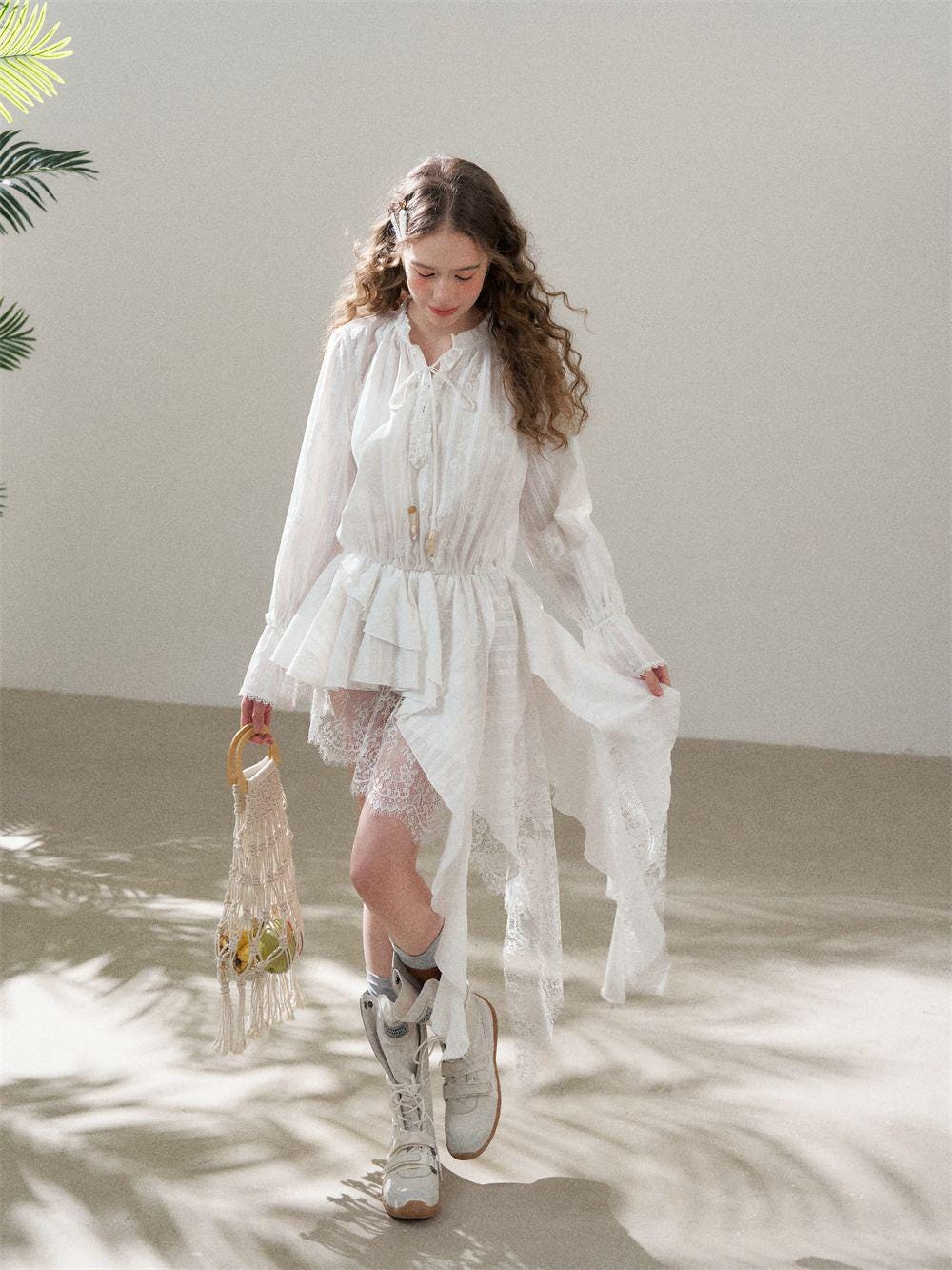 Romantic Cotton Lace Dress | Embroidered Ruffle White Cottagecore Style