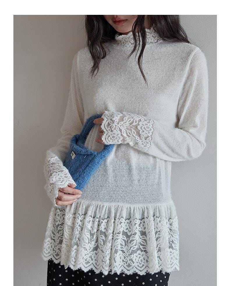 Romance Lace High-Neck Knit Top | Elegant Layering | Winter Inner
