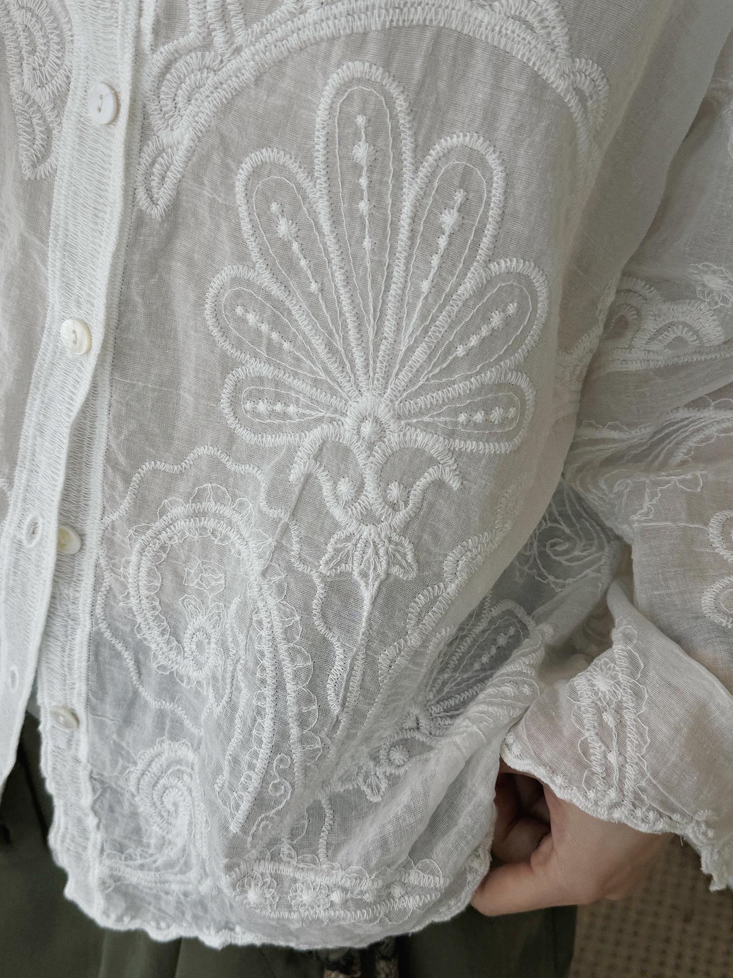 French Vintage Paisley Embroidered Sheer Lightweight Cardigan Blouse Boho Loose Fit Button Down Shirt