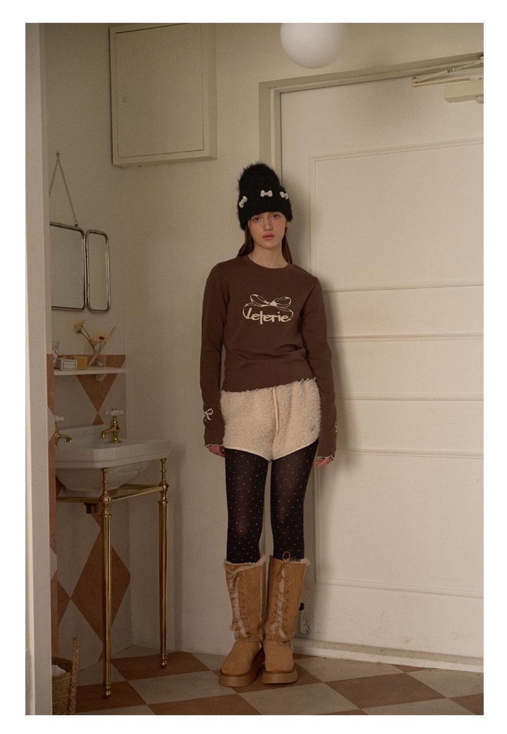 Pearl Ribbon Furry Knit Beanie