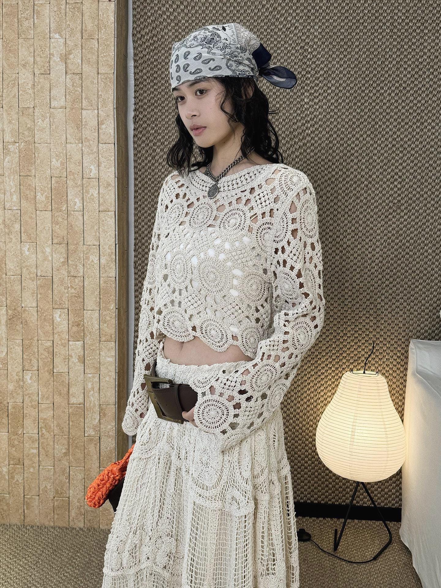 French Bohemian Crochet Knit Top, Spring Cottagecore Sheer Sweater, Handmade Style Short Lace Blouse