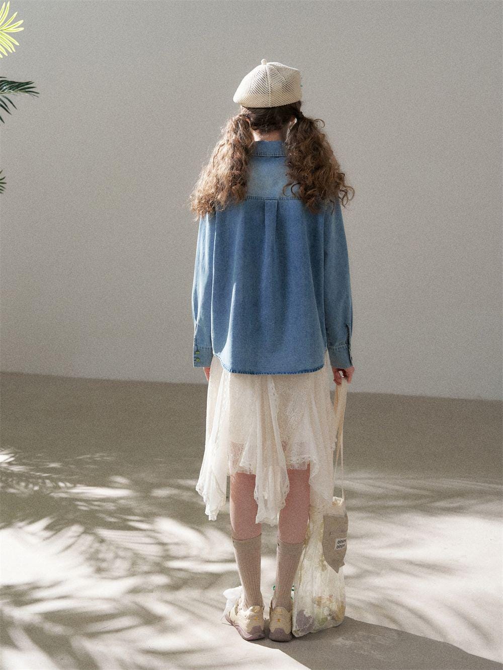 Scarf Collar Denim Shirt with Cartoon Beaded Patch | Loose Vintage Wash Denim Top