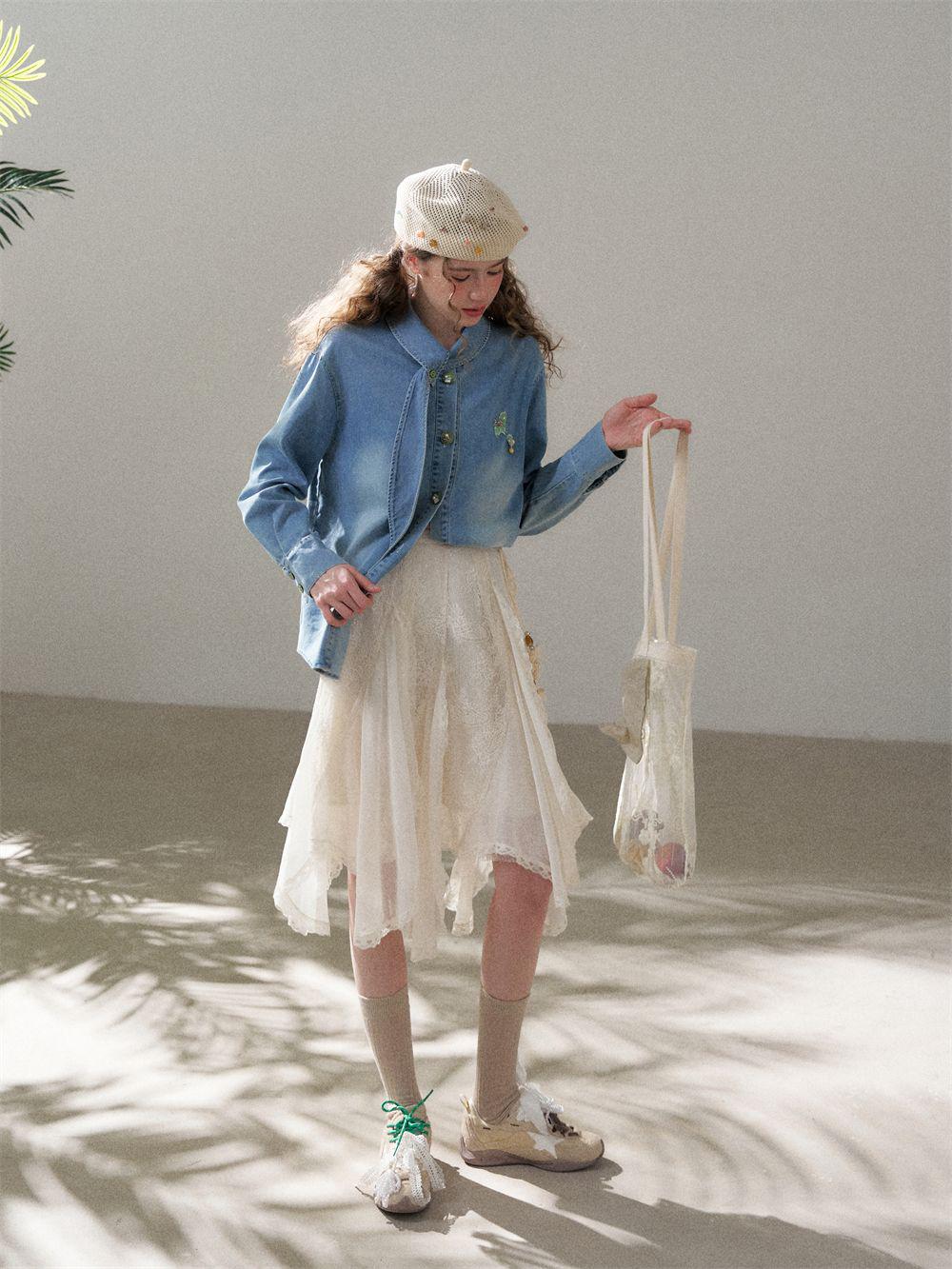Scarf Collar Denim Shirt with Cartoon Beaded Patch | Loose Vintage Wash Denim Top