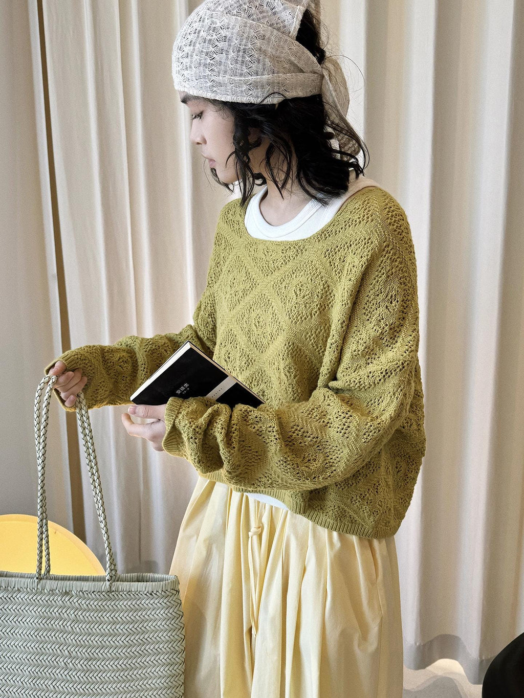 Square Neck Open Knit Sweater Sheer Hollow Loose Fit Cropped Knit Layering Pullover