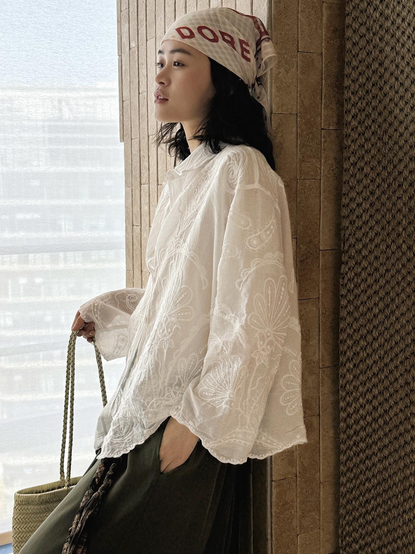 French Vintage Paisley Embroidered Sheer Lightweight Cardigan Blouse Boho Loose Fit Button Down Shirt