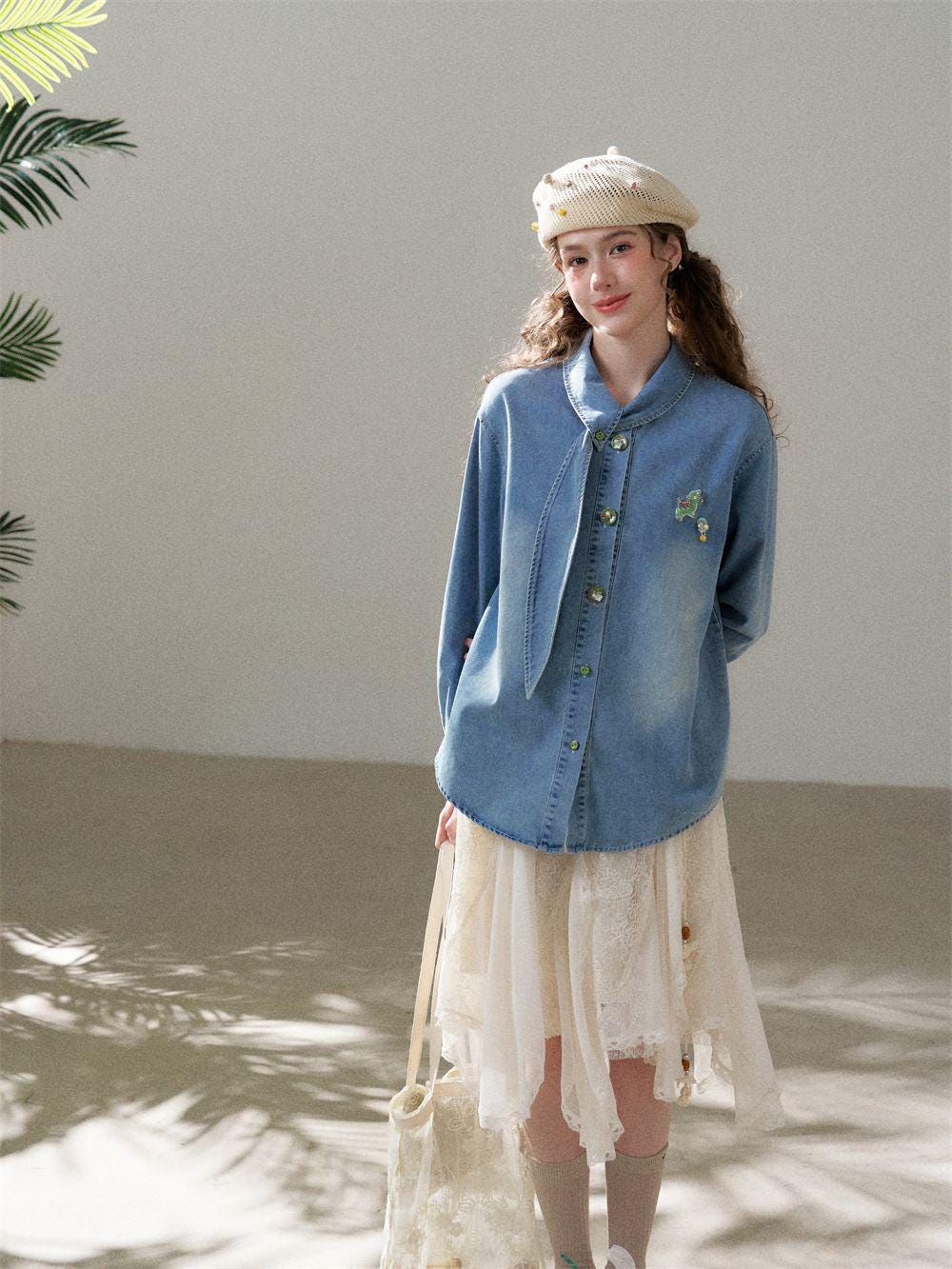 Scarf Collar Denim Shirt with Cartoon Beaded Patch | Loose Vintage Wash Denim Top