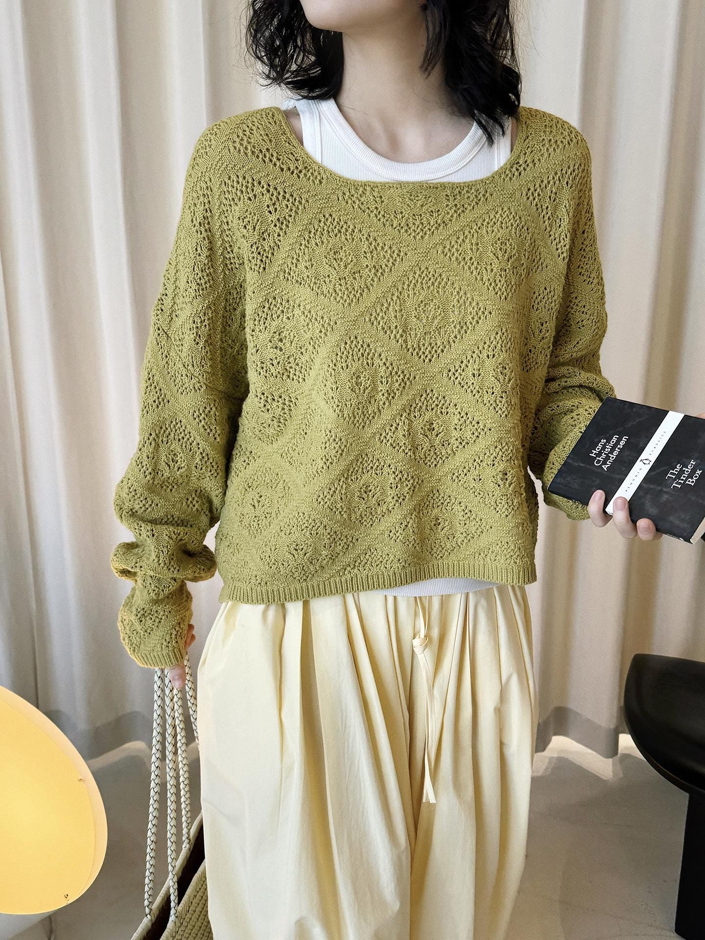 Square Neck Open Knit Sweater Sheer Hollow Loose Fit Cropped Knit Layering Pullover