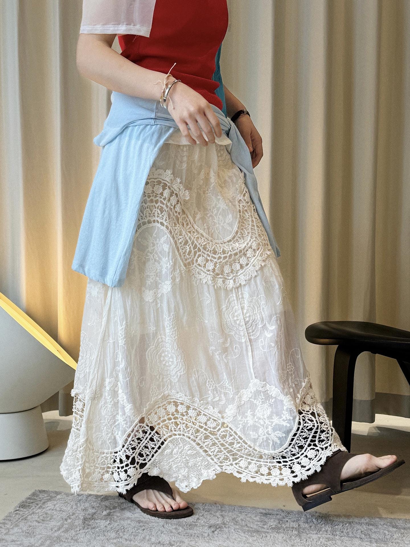 French Boho Lace Crochet Skirt, A-Line Long Handmade Style Patchwork Romantic Maxi Skirt