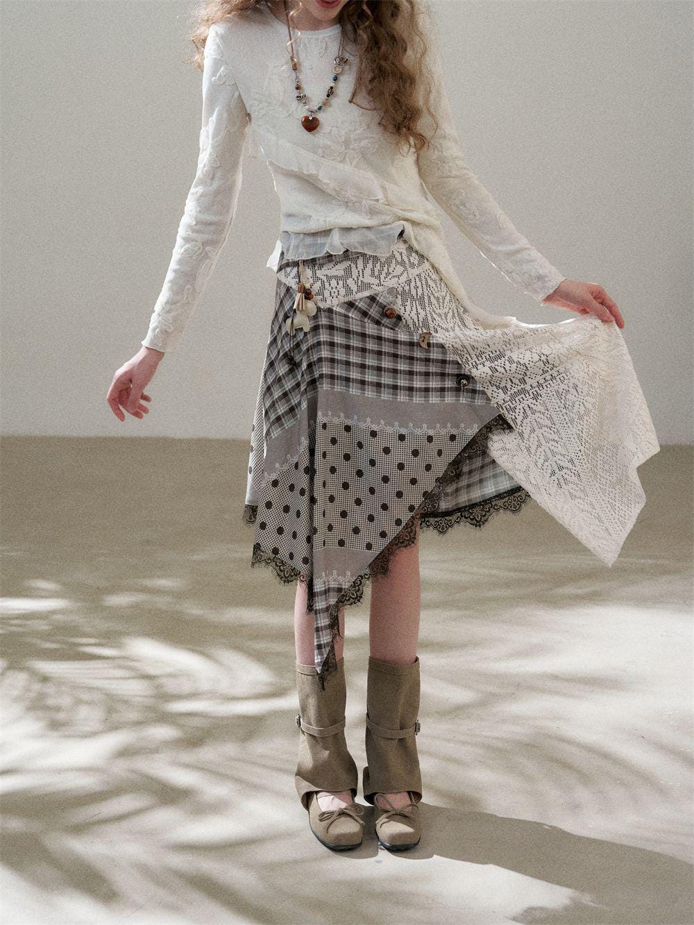 Deconstructed Check Lace Patchwork Skirt