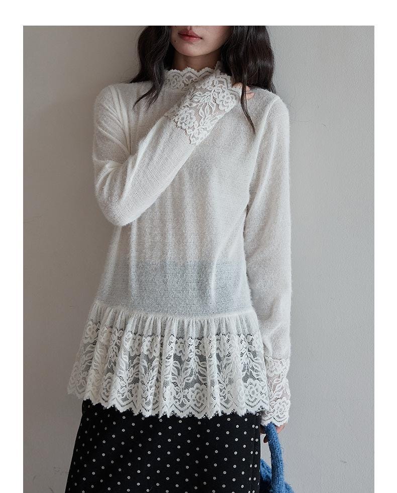 Romance Lace High-Neck Knit Top | Elegant Layering | Winter Inner