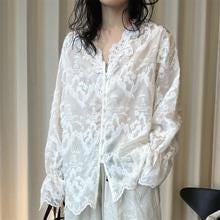 French V-Neck Embroidered Lace Blouse Romantic Sheer Long Sleeve Top Vintage Feminine Floral Shirt