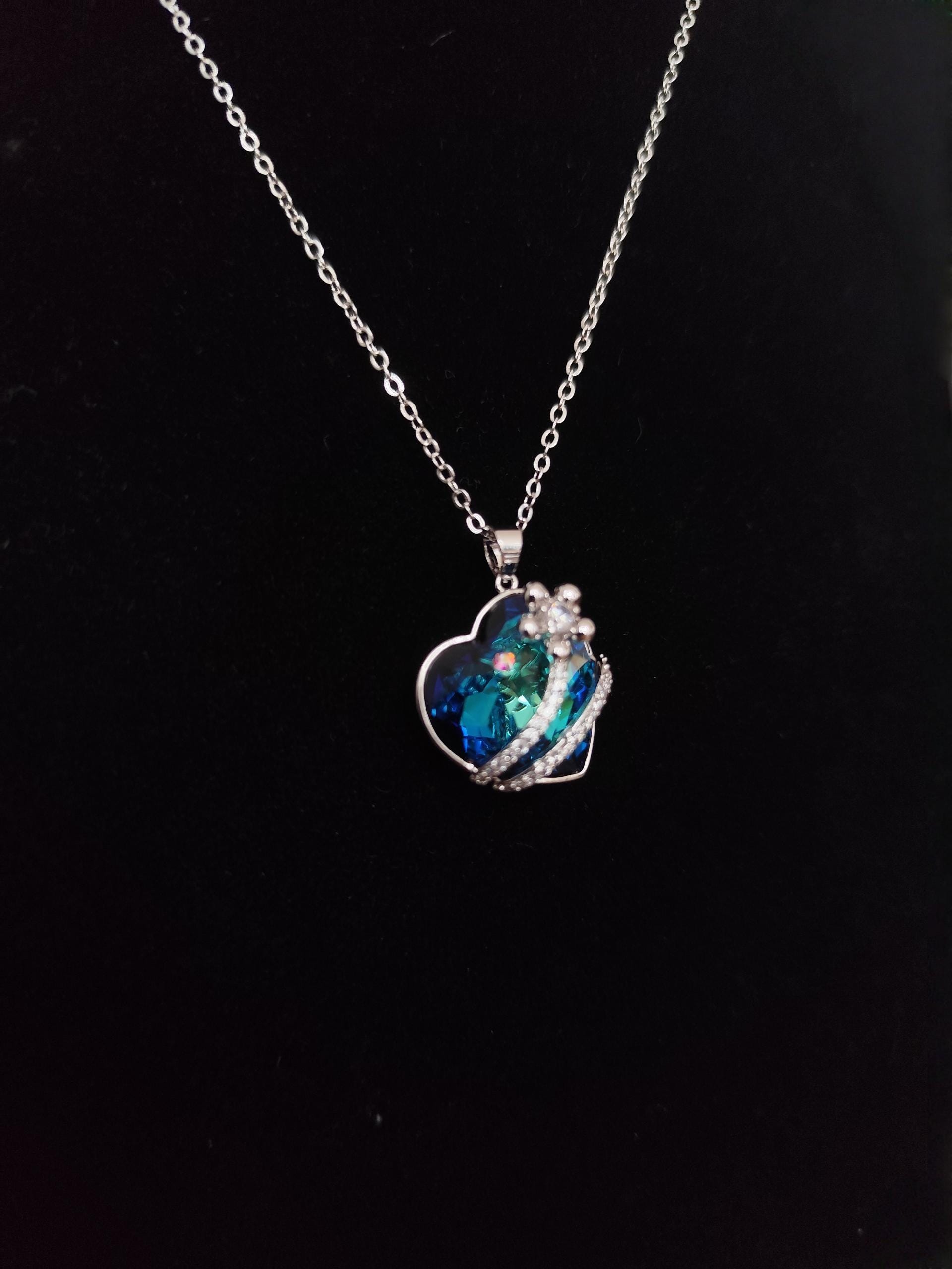 Ocean Heart Flower Crystal Necklace Silver 925 – Romantic Blue Crystal Pendant