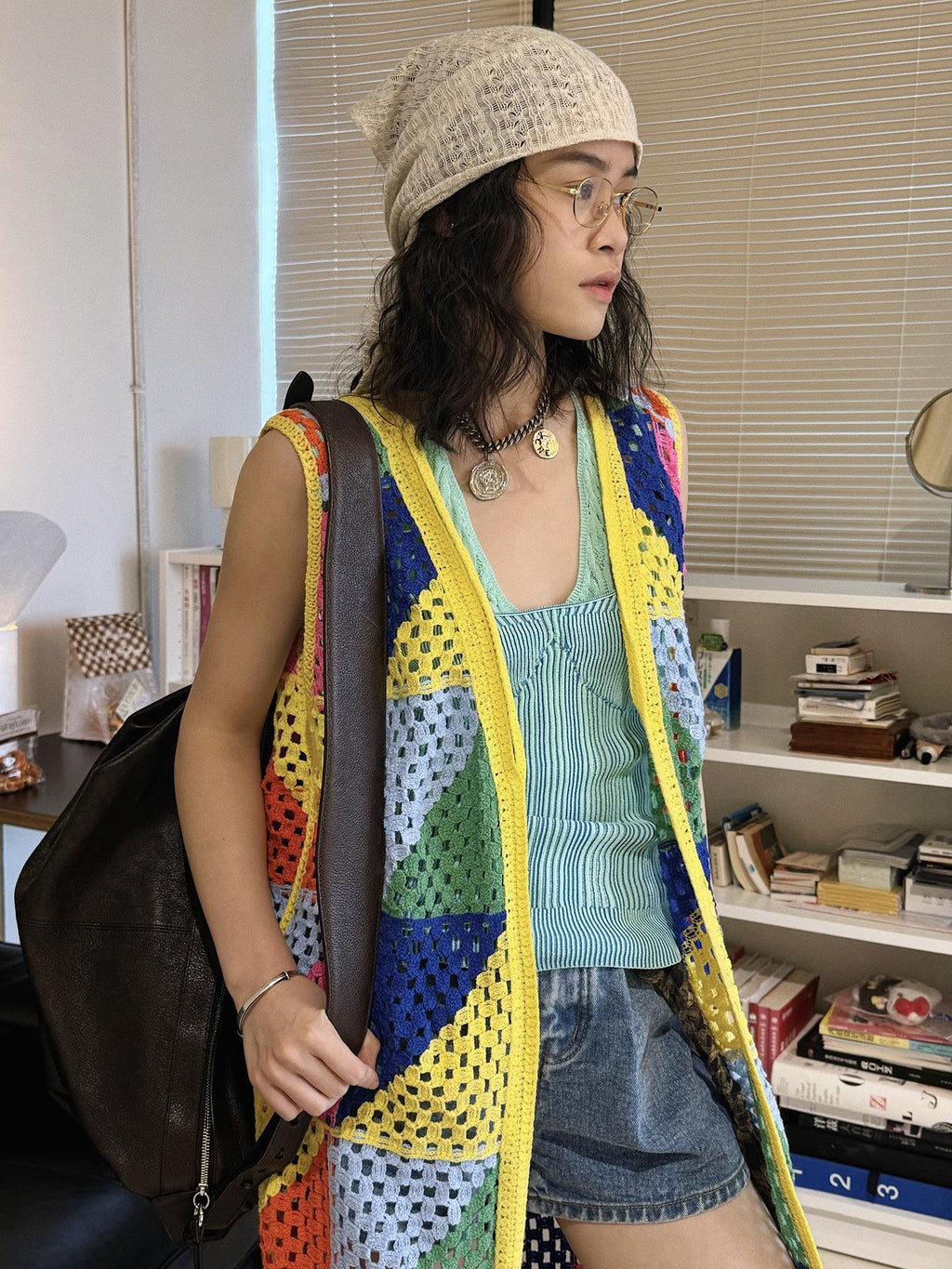 Argyle Open Knit Long Cardigan Boho Lightweight Cover Up Loose Fit Resort Wear