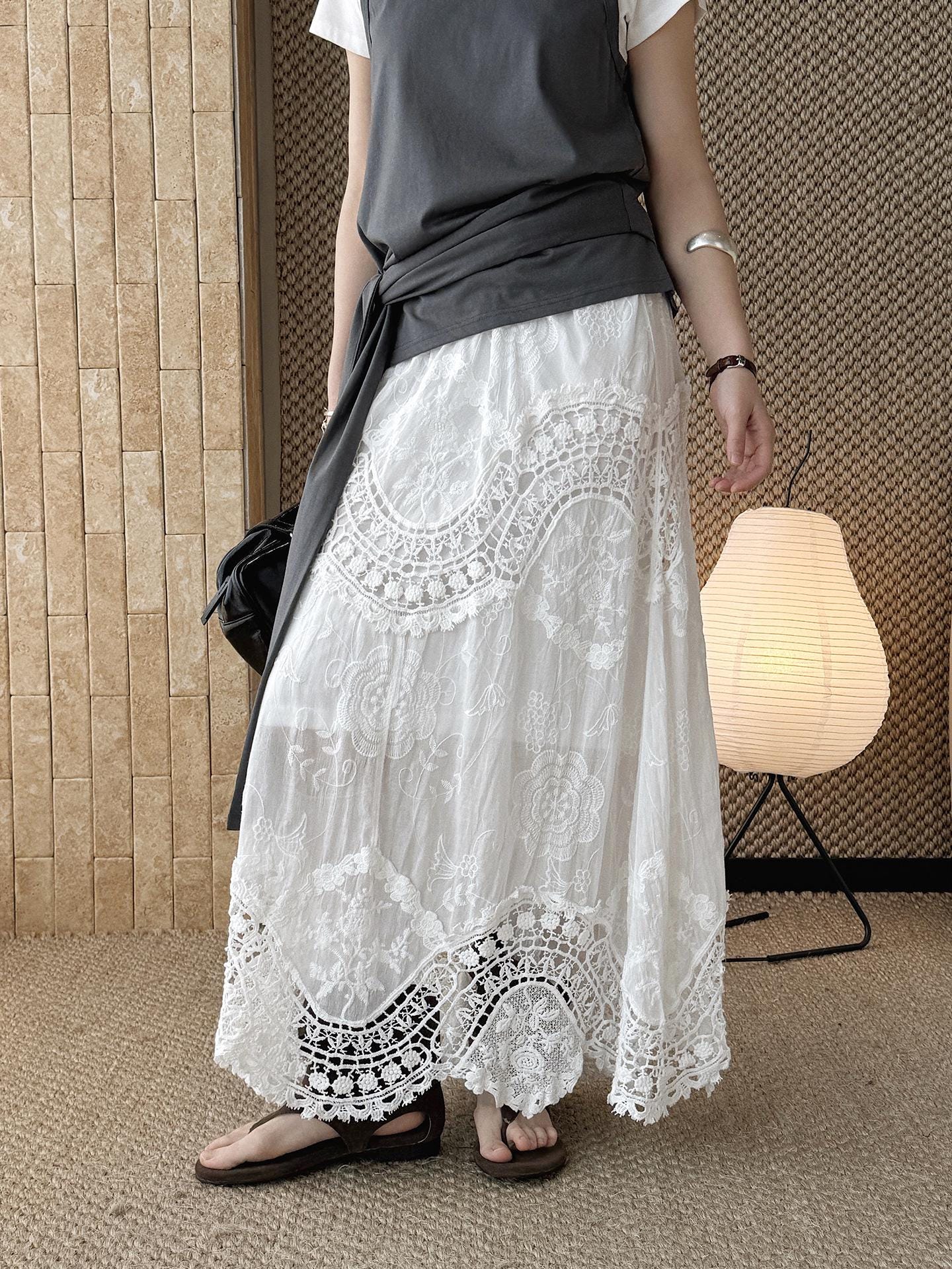 French Boho Lace Crochet Skirt, A-Line Long Handmade Style Patchwork Romantic Maxi Skirt