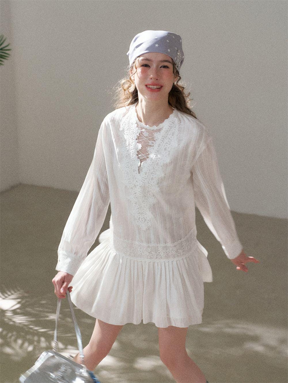 White Lace V-Neck Pleated Dress | Romantic Cotton Blend A-Line Korean Style