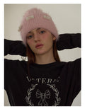 Pearl Ribbon Furry Knit Beanie