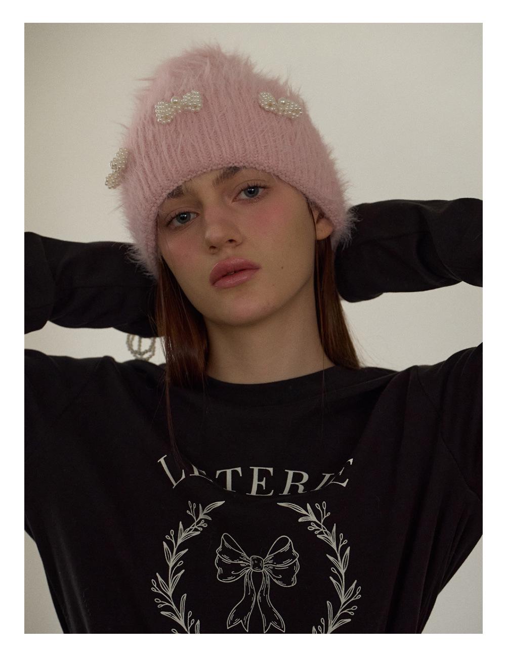 Pearl Ribbon Furry Knit Beanie
