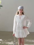 White Lace V-Neck Pleated Dress | Romantic Cotton Blend A-Line Korean Style