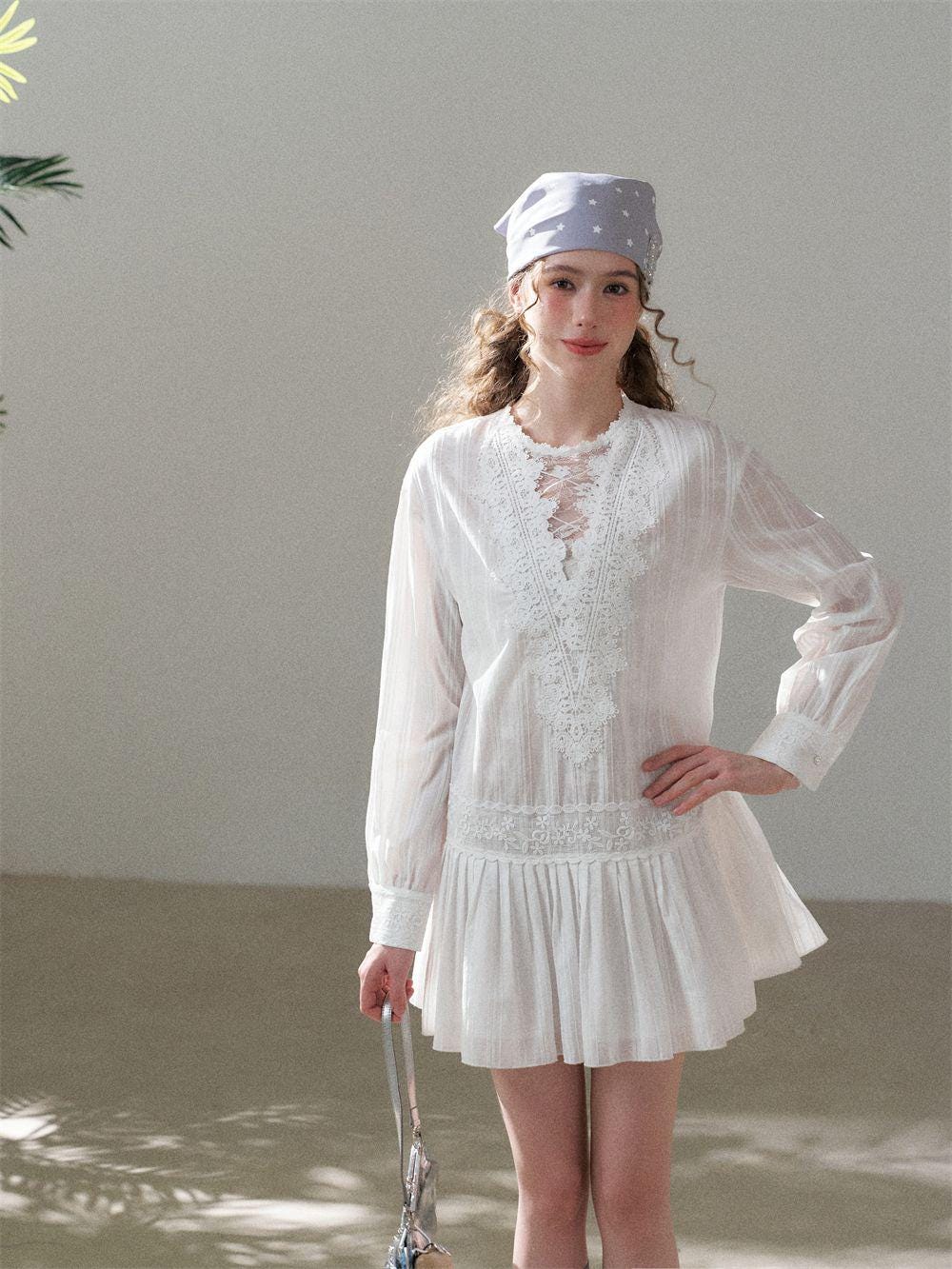 White Lace V-Neck Pleated Dress | Romantic Cotton Blend A-Line Korean Style