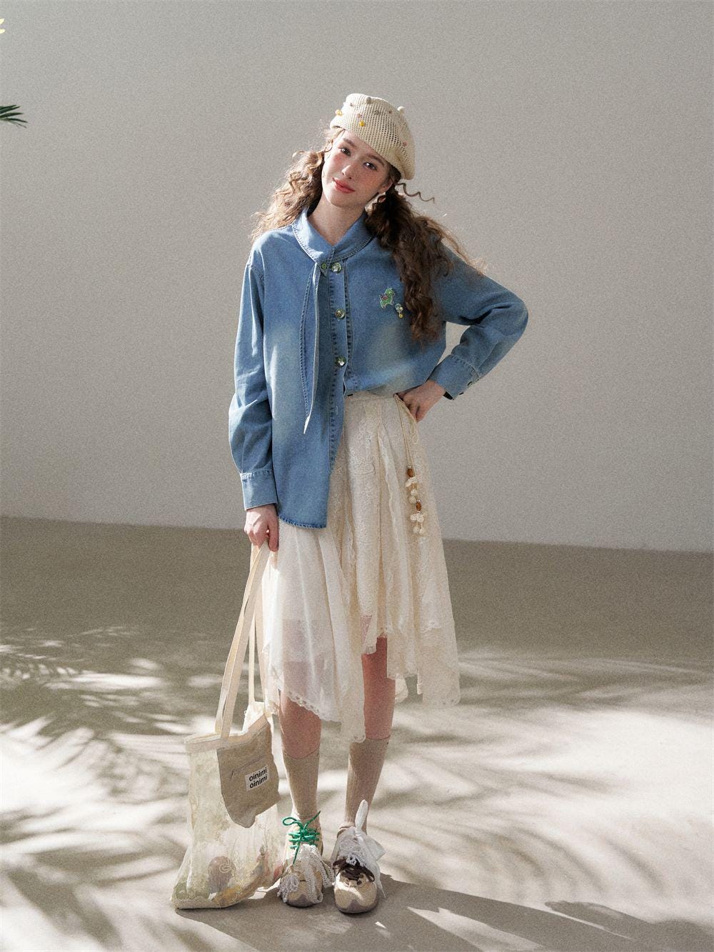 Scarf Collar Denim Shirt with Cartoon Beaded Patch | Loose Vintage Wash Denim Top