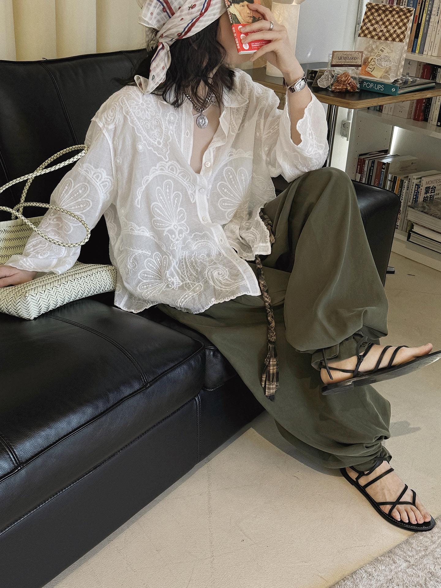 French Vintage Paisley Embroidered Sheer Lightweight Cardigan Blouse Boho Loose Fit Button Down Shirt