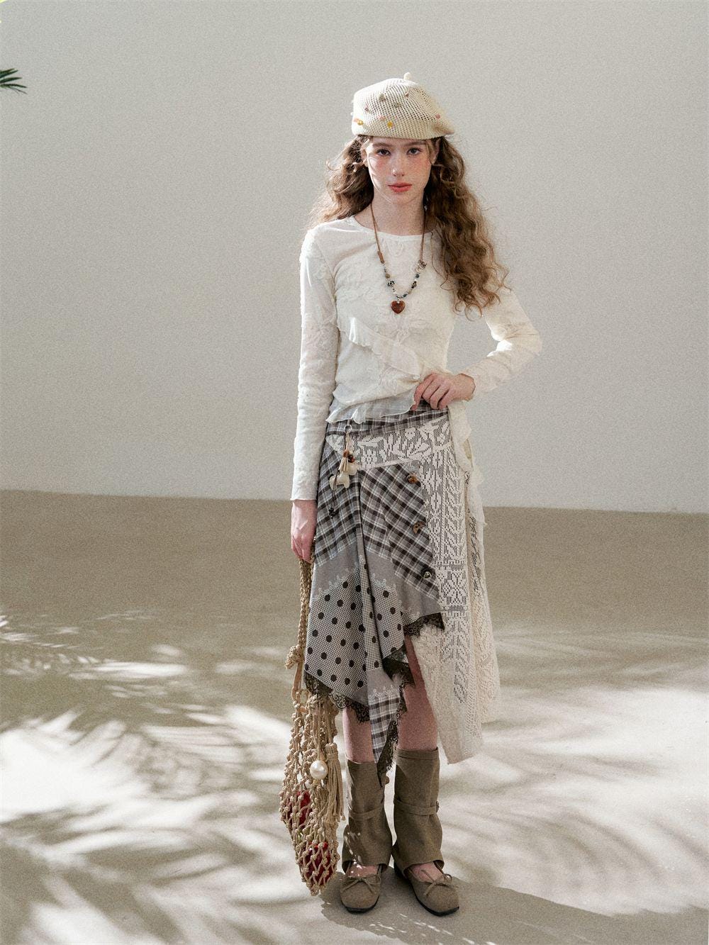 Silk Ruffle Mesh Embroidered Floral Top