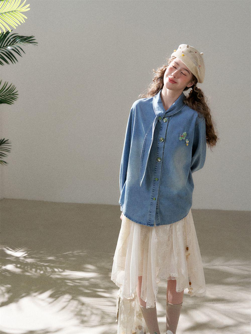 Scarf Collar Denim Shirt with Cartoon Beaded Patch | Loose Vintage Wash Denim Top