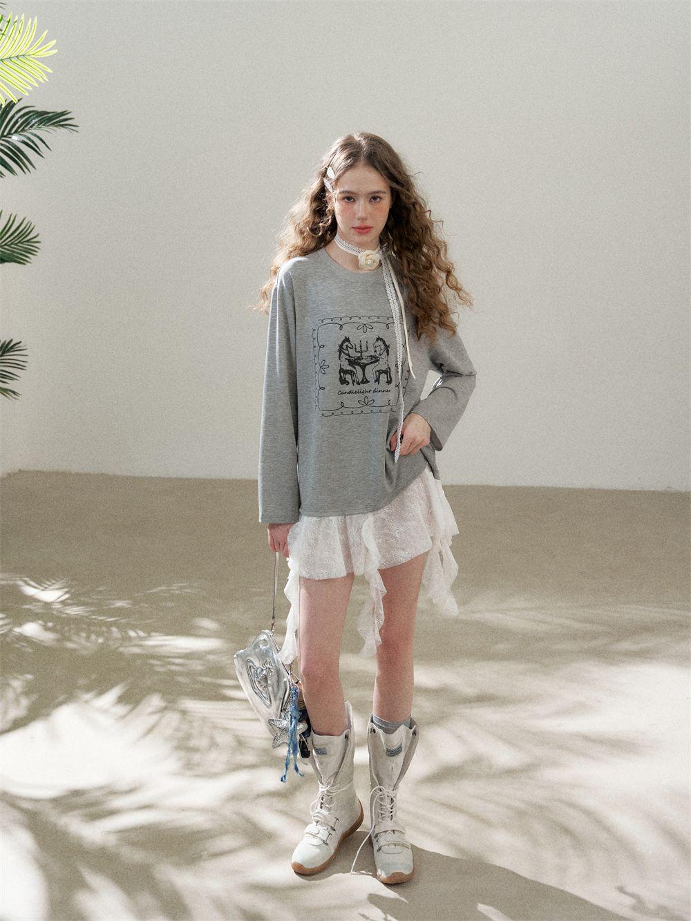 Faux Layered Lace Tunic Top | Romantic Lace Hem Graphic T-Shirt | Casual Tee