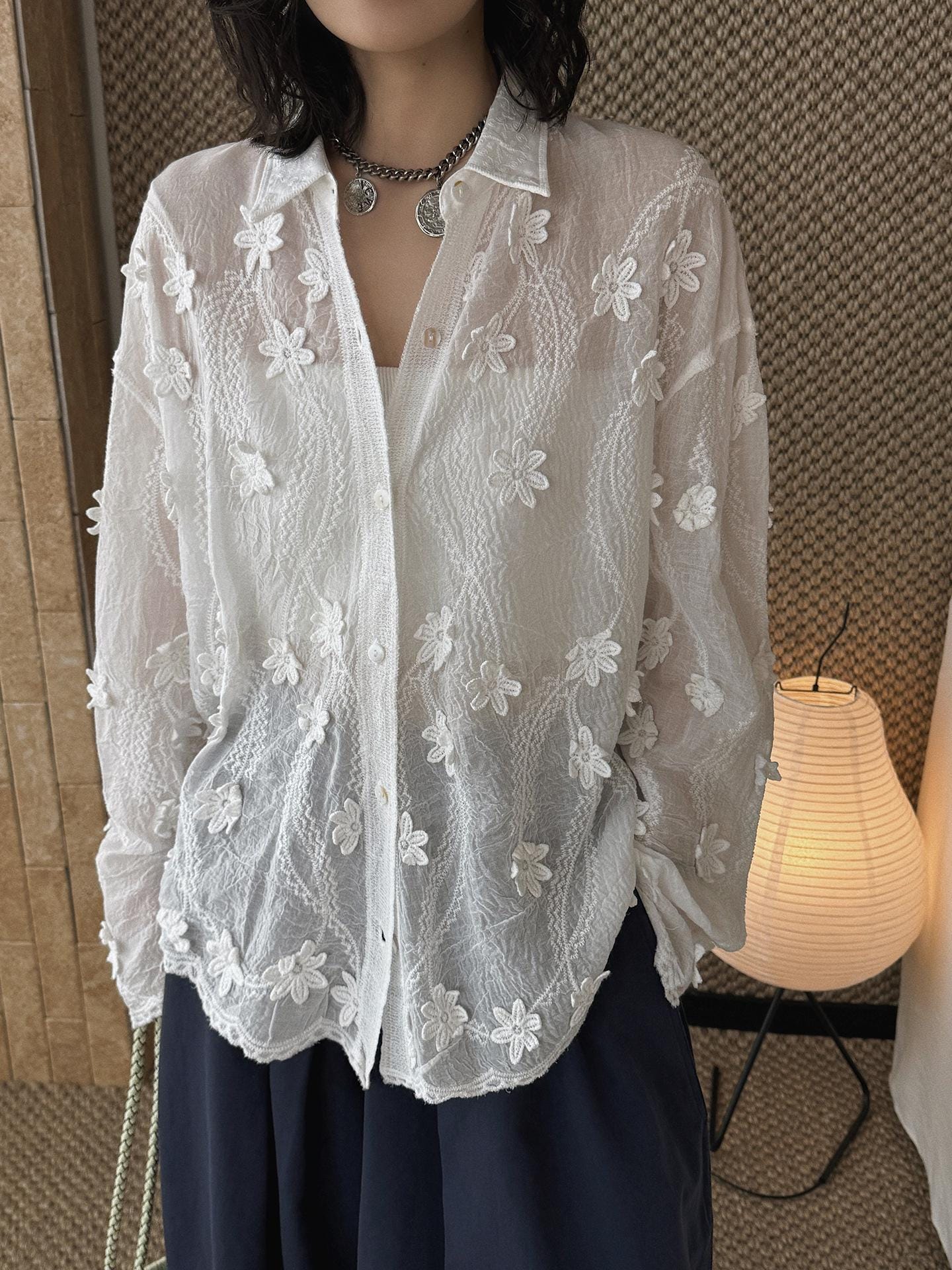 Minimal 3D Flower Sheer Shirt Loose Fit Blouse Women Oversized Shirt Lightweight Top