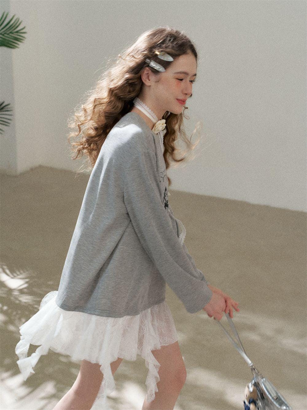 Faux Layered Lace Tunic Top | Romantic Lace Hem Graphic T-Shirt | Casual Tee