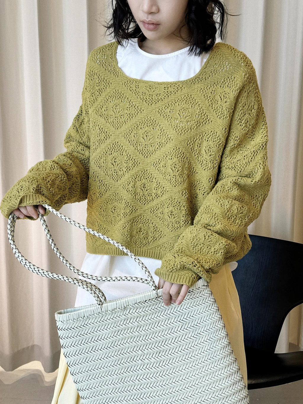 Square Neck Open Knit Sweater Sheer Hollow Loose Fit Cropped Knit Layering Pullover