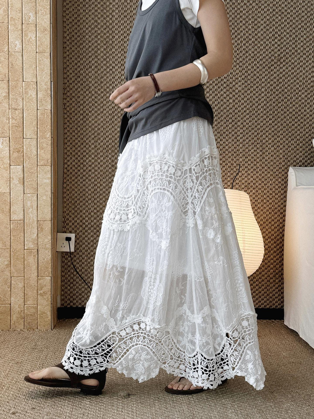 French Boho Lace Crochet Skirt, A-Line Long Handmade Style Patchwork Romantic Maxi Skirt