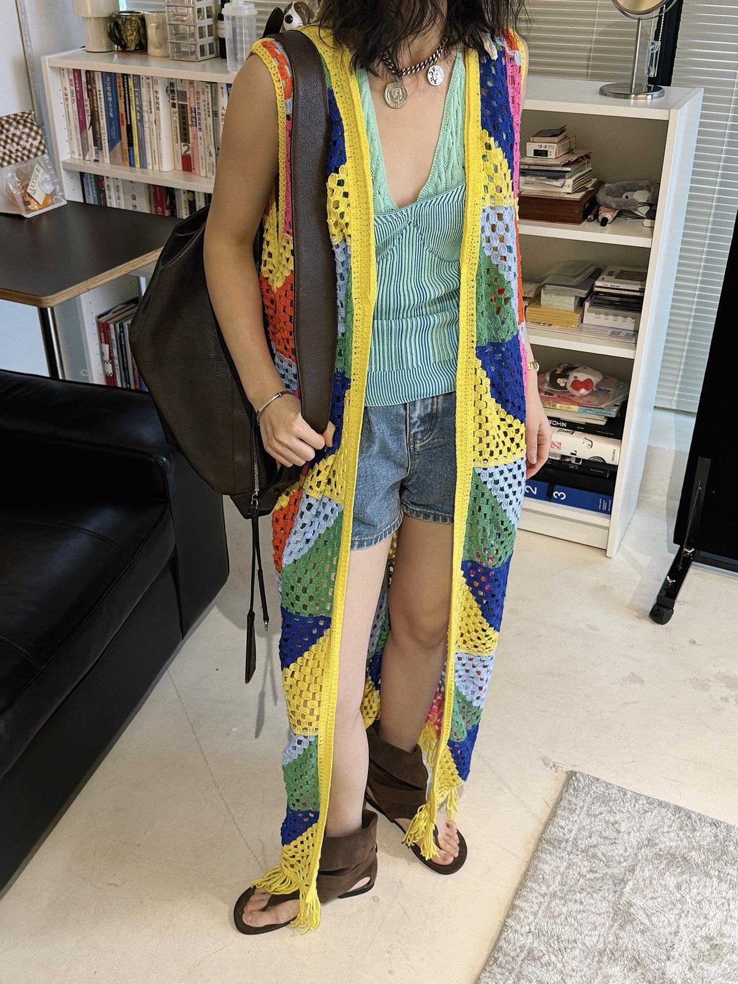 Argyle Open Knit Long Cardigan Boho Lightweight Cover Up Loose Fit Resort Wear