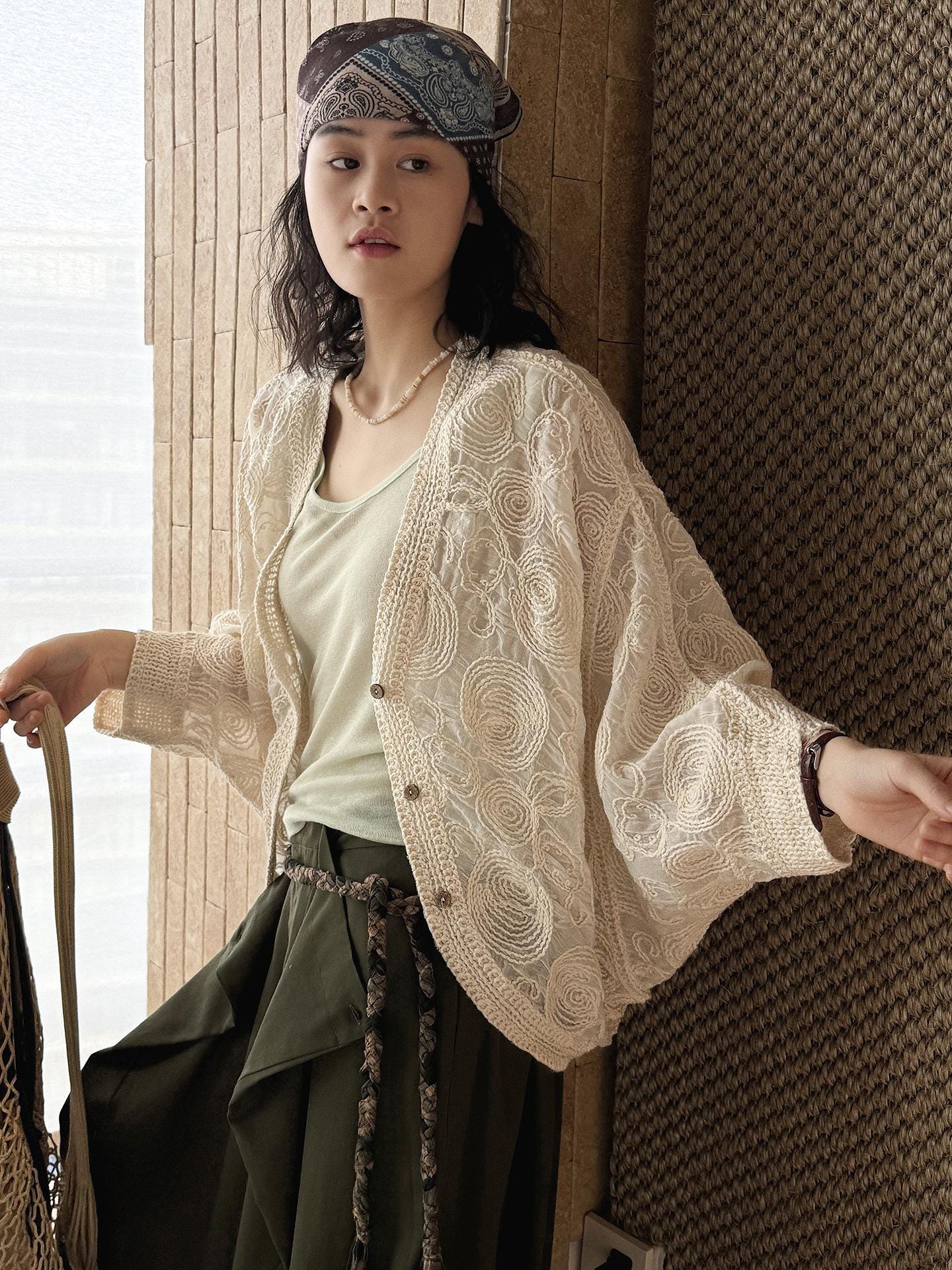 Paisley Embroidered Lace Lightweight Cotton Cover Up Sheer Button Shirt Vintage Style Layering Top