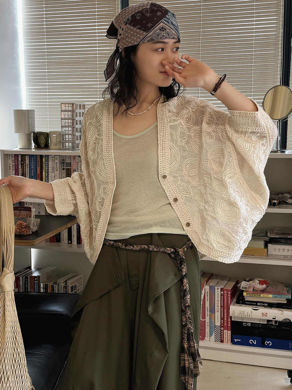 Paisley Embroidered Lace Lightweight Cotton Cover Up Sheer Button Shirt Vintage Style Layering Top