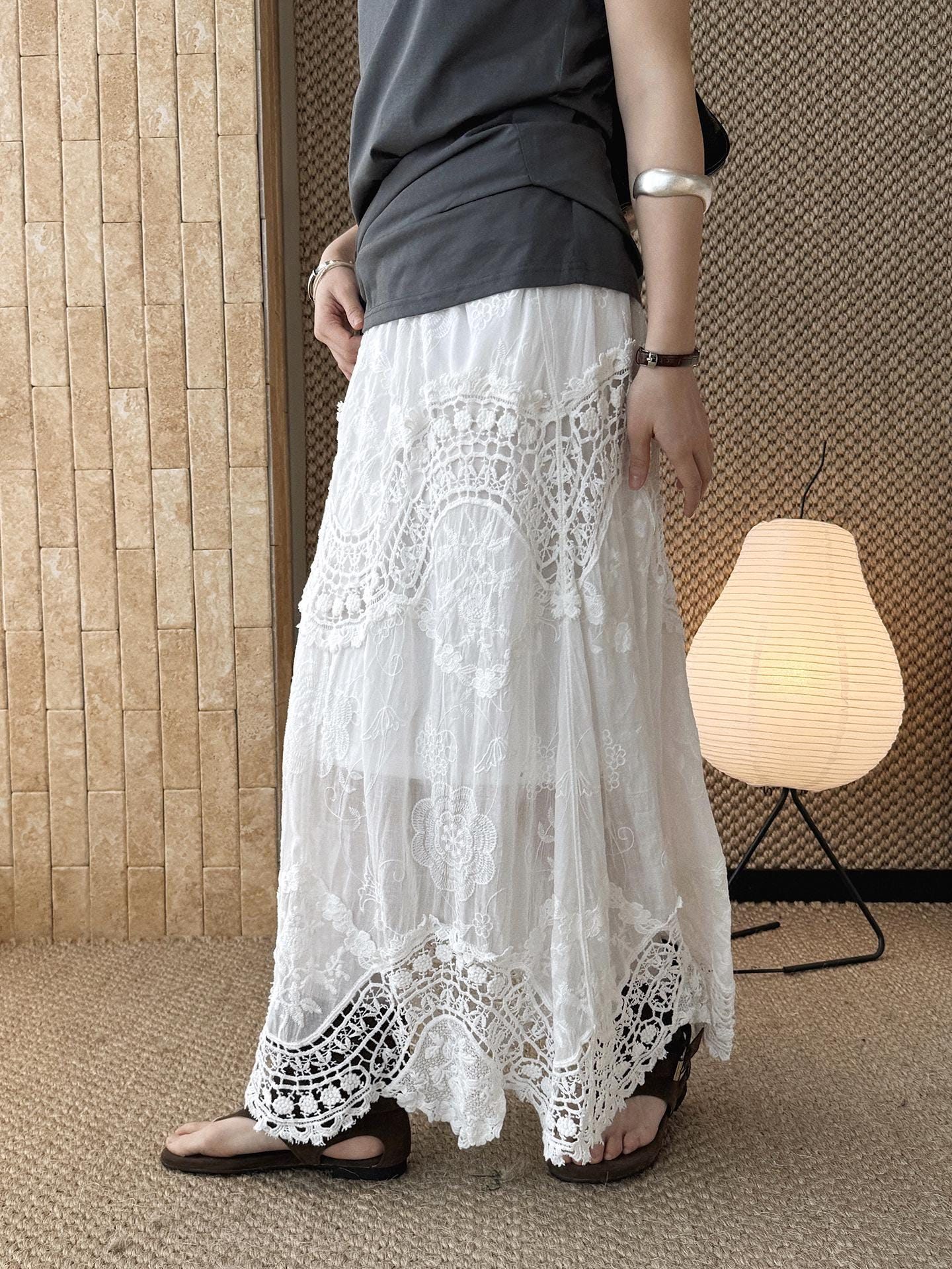 French Boho Lace Crochet Skirt, A-Line Long Handmade Style Patchwork Romantic Maxi Skirt