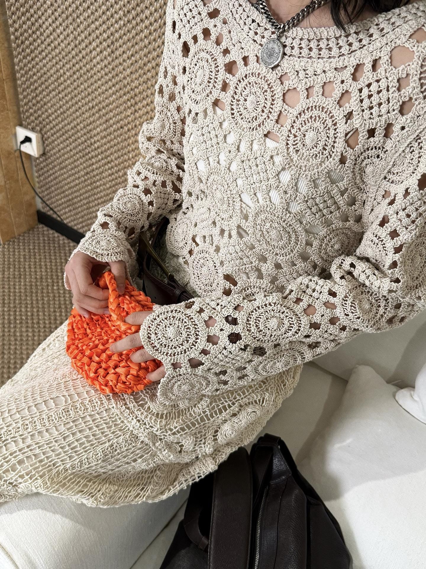 French Bohemian Crochet Knit Top, Spring Cottagecore Sheer Sweater, Handmade Style Short Lace Blouse