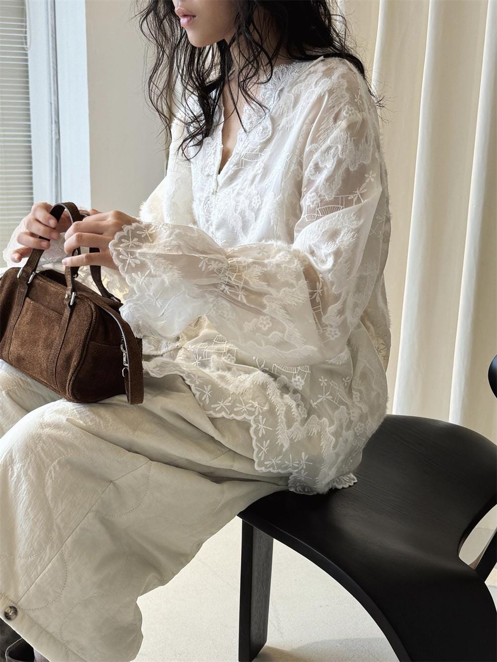 French V-Neck Embroidered Lace Blouse Romantic Sheer Long Sleeve Top Vintage Feminine Floral Shirt