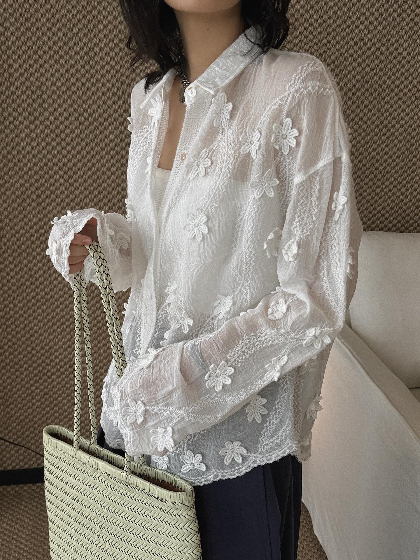 Minimal 3D Flower Sheer Shirt Loose Fit Blouse Women Oversized Shirt Lightweight Top