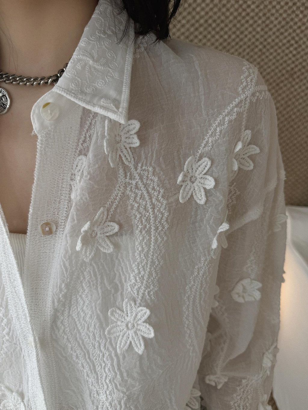 Minimal 3D Flower Sheer Shirt Loose Fit Blouse Women Oversized Shirt Lightweight Top