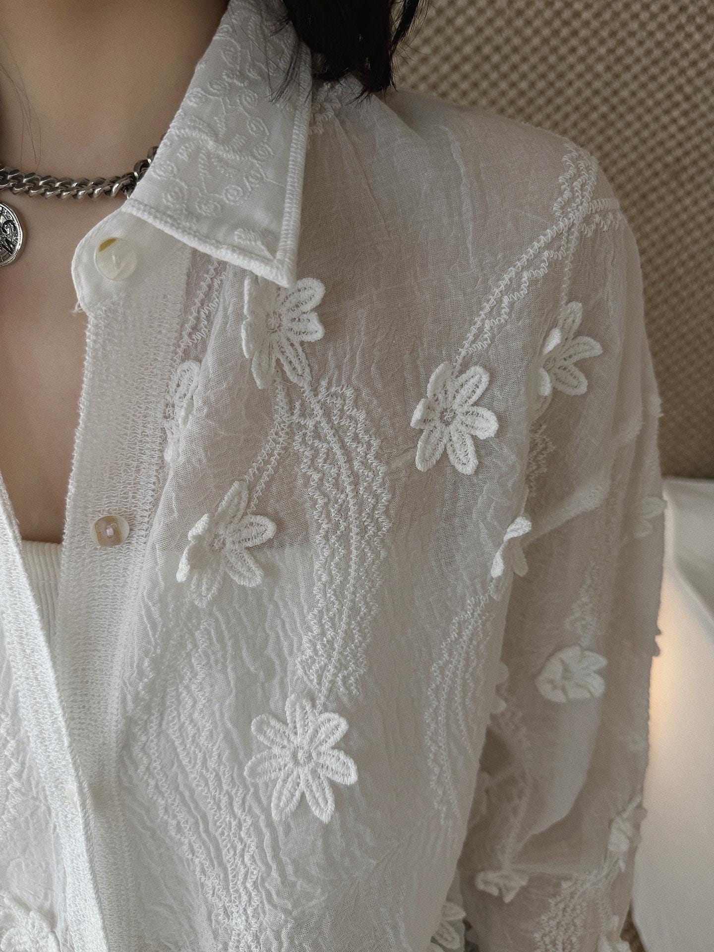 Minimal 3D Flower Sheer Shirt Loose Fit Blouse Women Oversized Shirt Lightweight Top