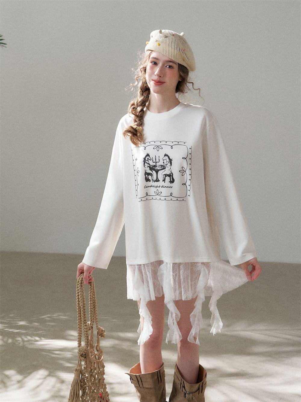 Faux Layered Lace Tunic Top | Romantic Lace Hem Graphic T-Shirt | Casual Tee