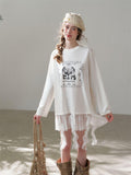 Faux Layered Lace Tunic Top | Romantic Lace Hem Graphic T-Shirt | Casual Tee