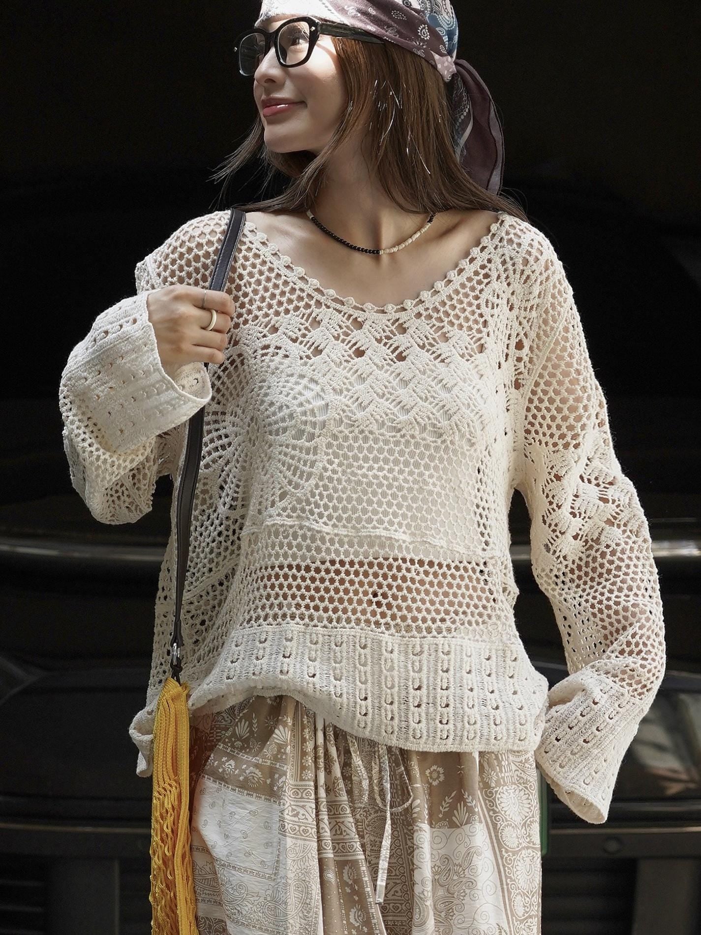 Bohemian See-Through Crochet Knit Top