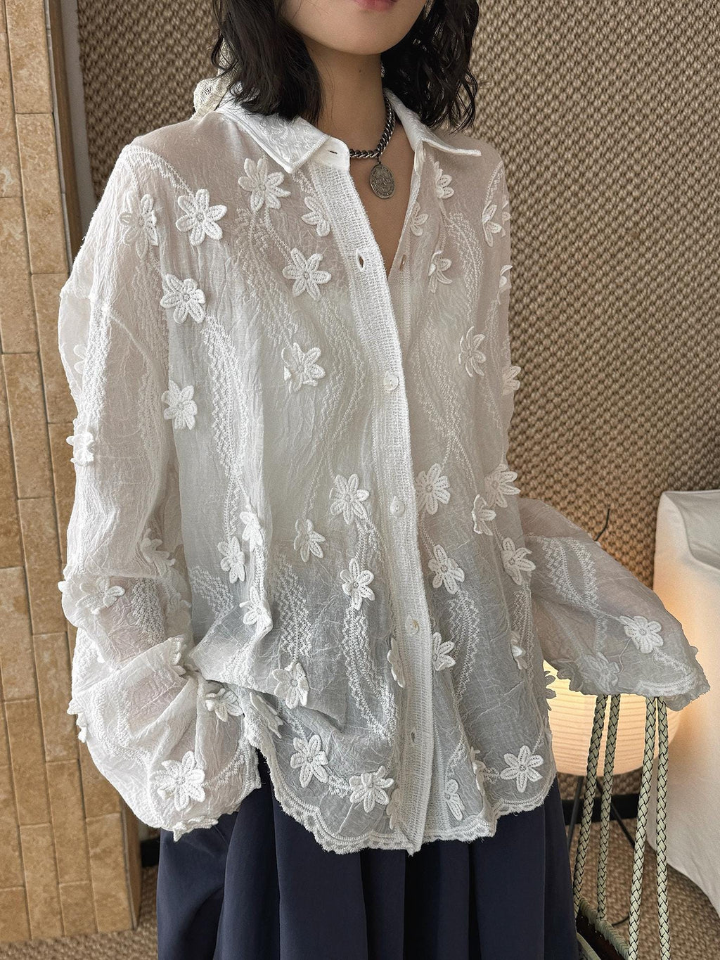 Minimal 3D Flower Sheer Shirt Loose Fit Blouse Women Oversized Shirt Lightweight Top
