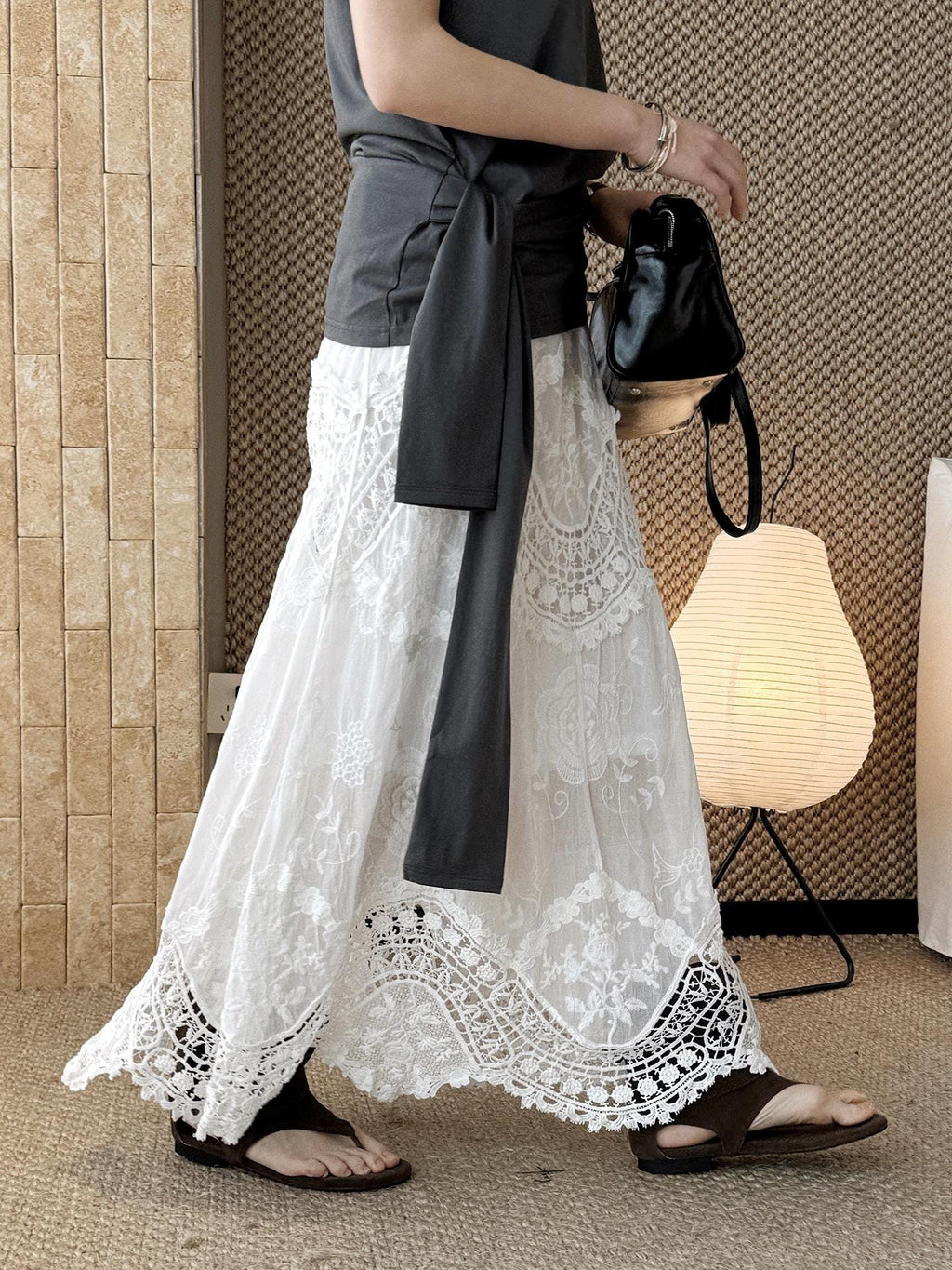 French Boho Lace Crochet Skirt, A-Line Long Handmade Style Patchwork Romantic Maxi Skirt