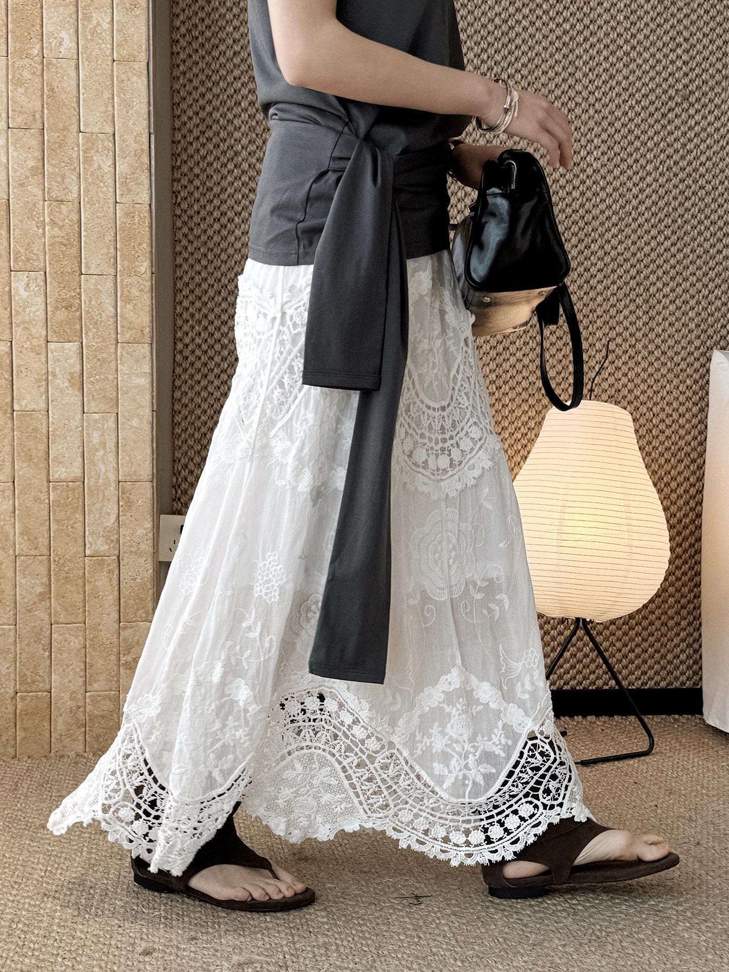 French Boho Lace Crochet Skirt, A-Line Long Handmade Style Patchwork Romantic Maxi Skirt